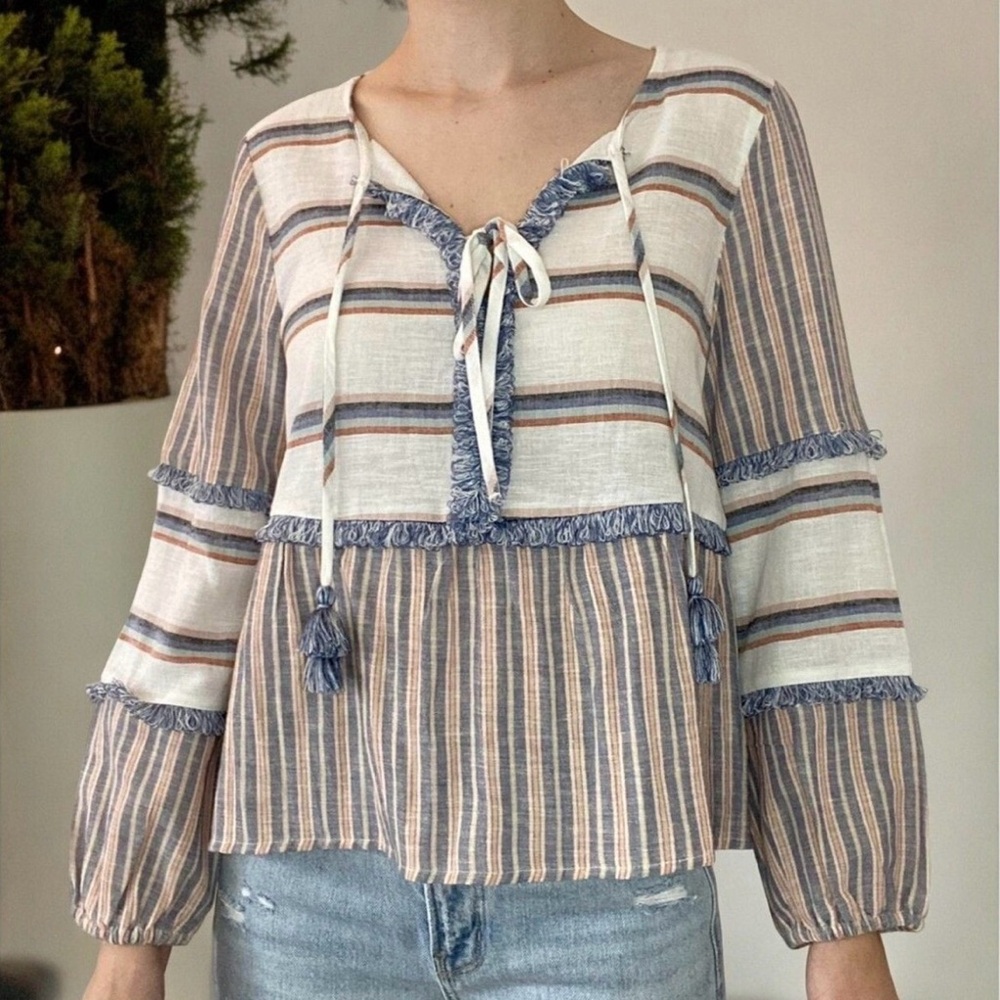 American Eagle Boho Striped Linen cotton Tassel Tie Fringe Peasant Top Sz Small
